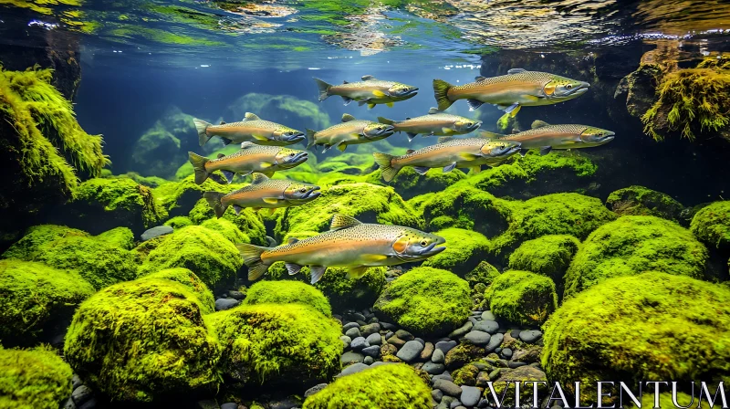 AI ART Trout in Clear Water and Mossy Underwater Scene