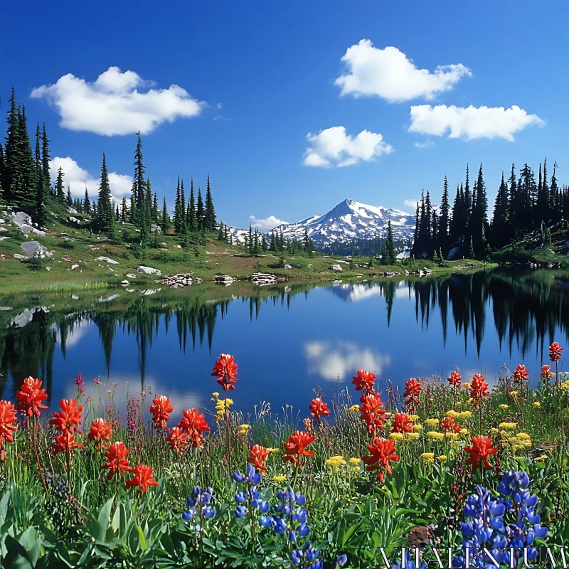 Peaceful Mountain Reflection with Wildflower Foreground AI Image