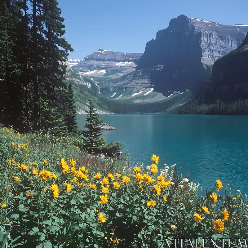 Scenic Landscape of Mountains, Lake, and Wildflowers AI Image