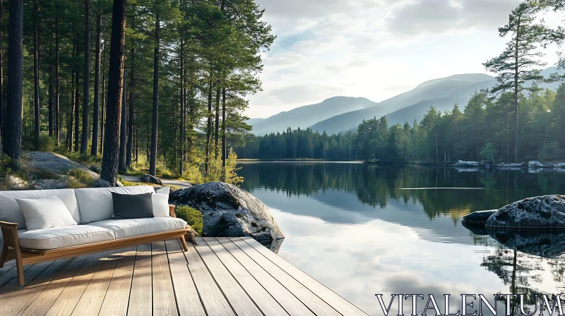 Peaceful Wooden Deck by a Serene Lake AI Image