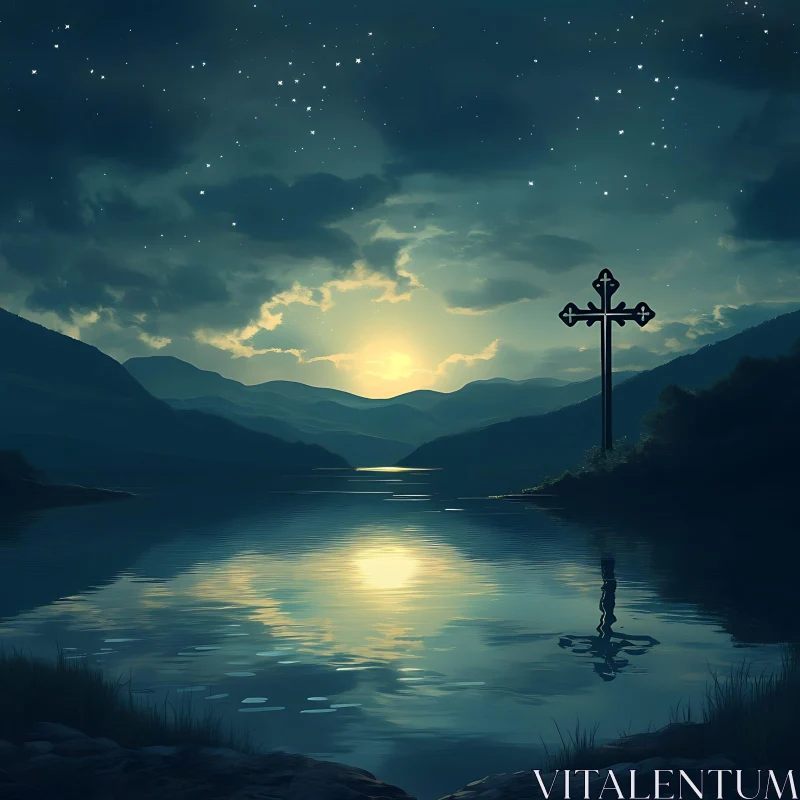 Starry Night over Calm Lake with Silhouetted Cross AI Image