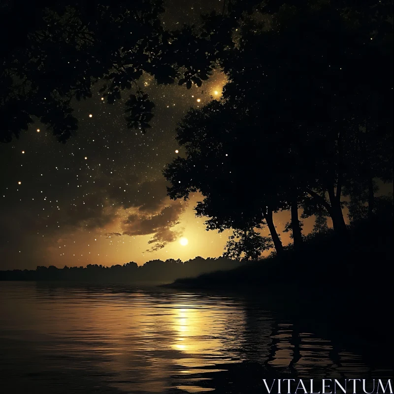 Serene Starry Night Over a Peaceful Lake AI Image