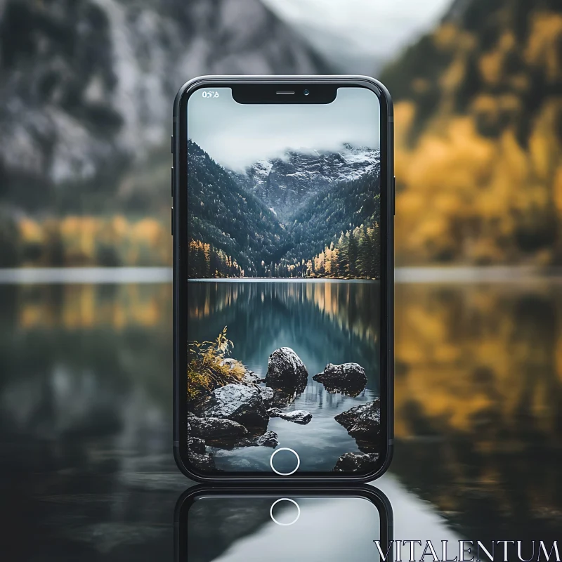 Mountainous Lake View on Smartphone Screen AI Image