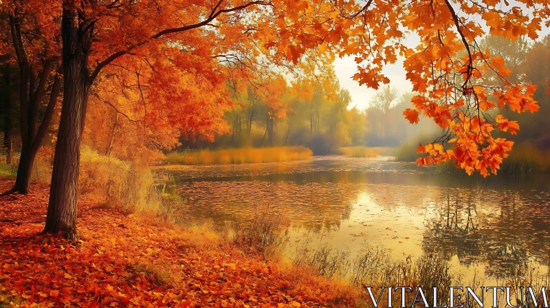 Serene Autumnal Foliage by a Reflective Lake AI Image