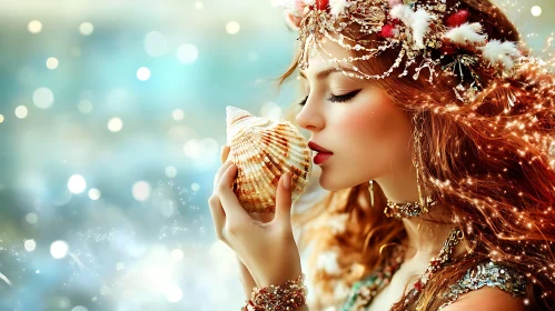 Magical Mermaid Holding Seashell Surrounded by Sparkles