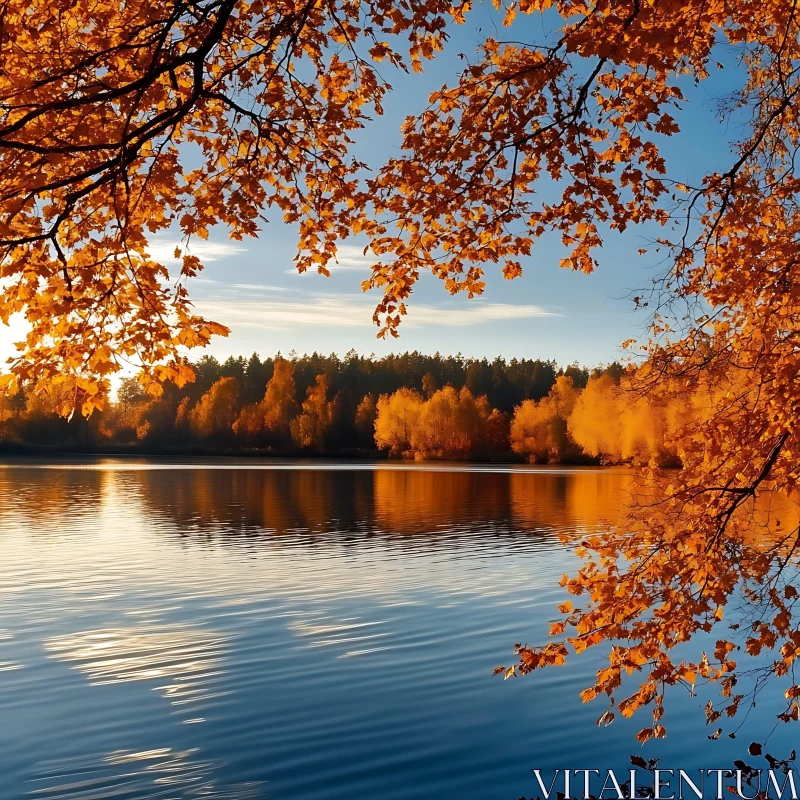 Golden Autumn Reflections on a Lake AI Image