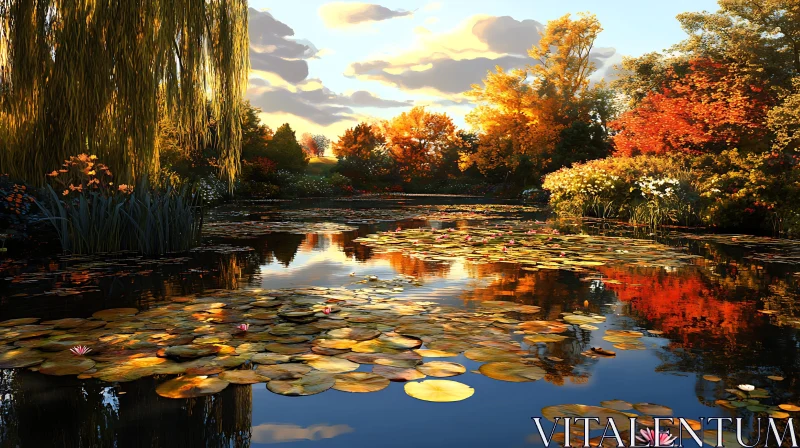 Tranquil Autumnal Pond with Vibrant Foliage AI Image