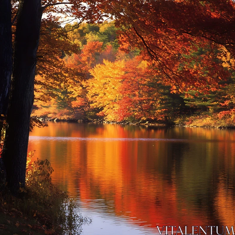 Peaceful Lake with Autumn Colors AI Image