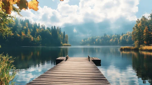 Peaceful Lake with Wooden Dock and Autumn Forest