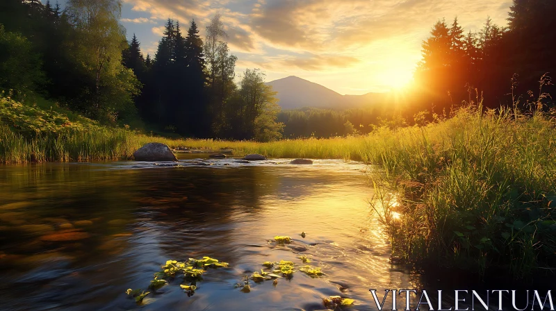 Golden Hour by the River in a Tranquil Forest AI Image