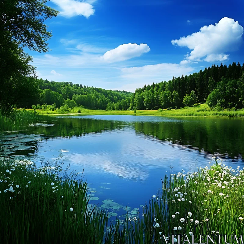 Serene Forest Lake with Reflective Waters AI Image