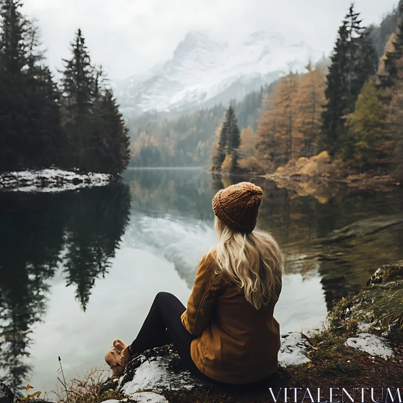 Tranquil Lakeside Scene with Snow-Capped Mountain AI Image