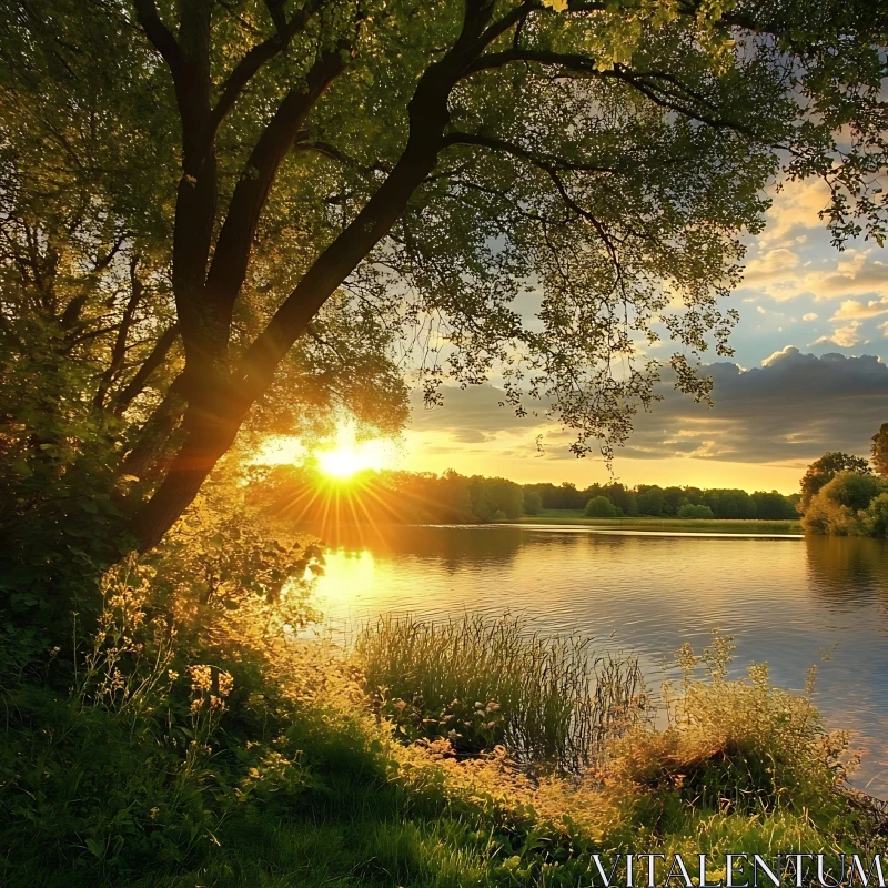 Golden Sunset Reflection on Pristine Lake AI Image