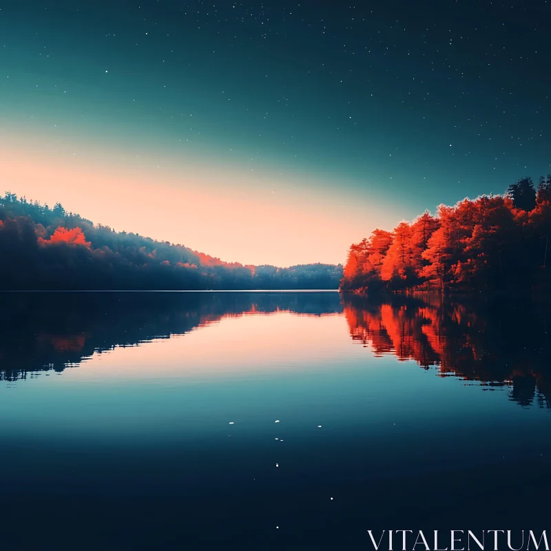 Serene Lakeside Forest Reflection at Sunset AI Image