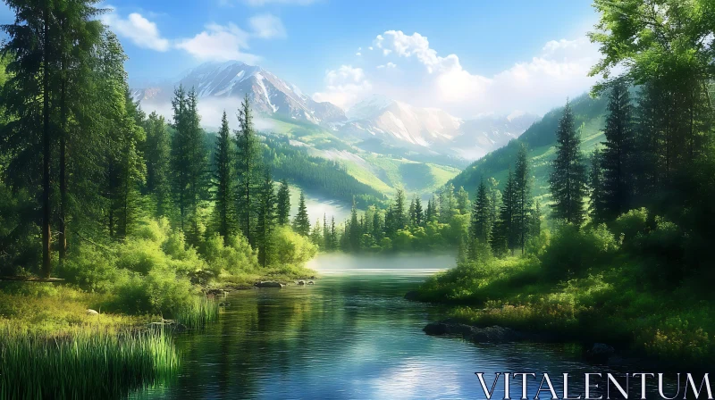 AI ART Majestic Mountain Range with River and Forest