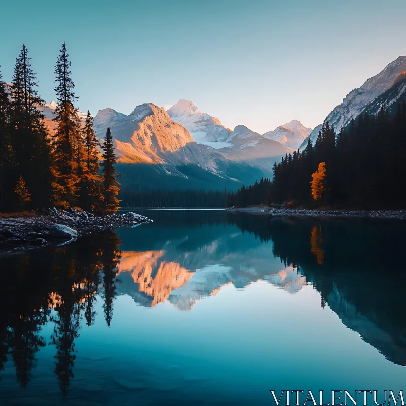 Peaceful Mountain Lake at Sunrise AI Image