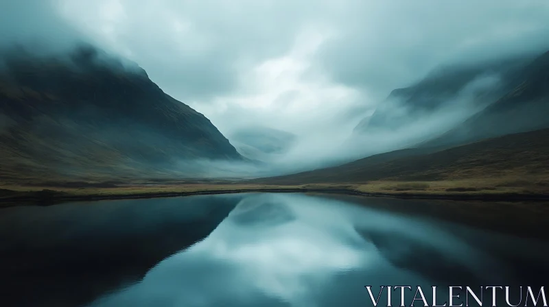 Foggy Mountain Landscape with Serene Lake AI Image