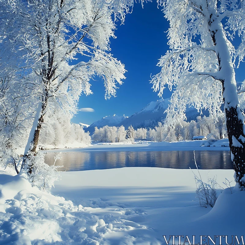 Tranquil Snowy River in a Winter Wonderland AI Image