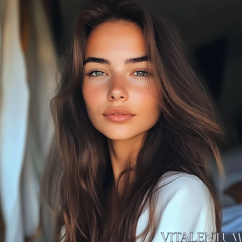 Stunning Woman with Freckles and Captivating Gaze AI Image