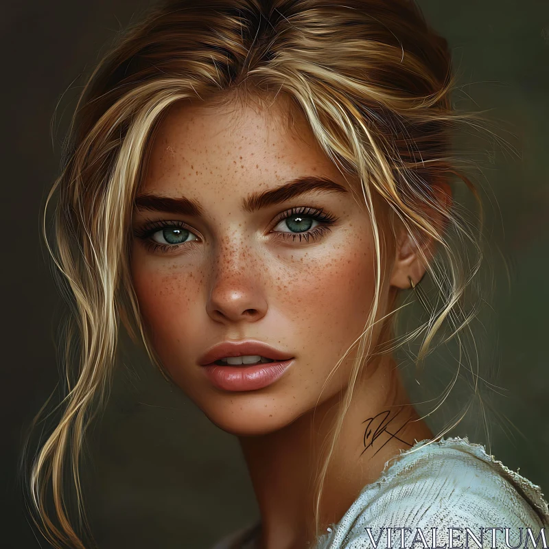 Serene Portrait of a Freckled Blonde Woman AI Image