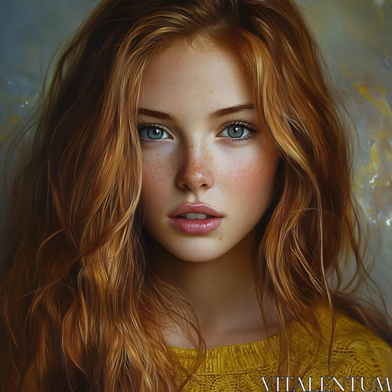 AI ART Young Redhead Woman with Freckles in Yellow Sweater