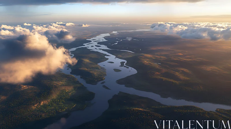 Sunrise Over Serene River from Above AI Image