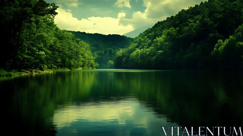 Peaceful Forest Lake with Green Reflections AI Image