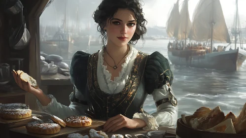 Historical Portrait of a Woman with Pastries by the Sea