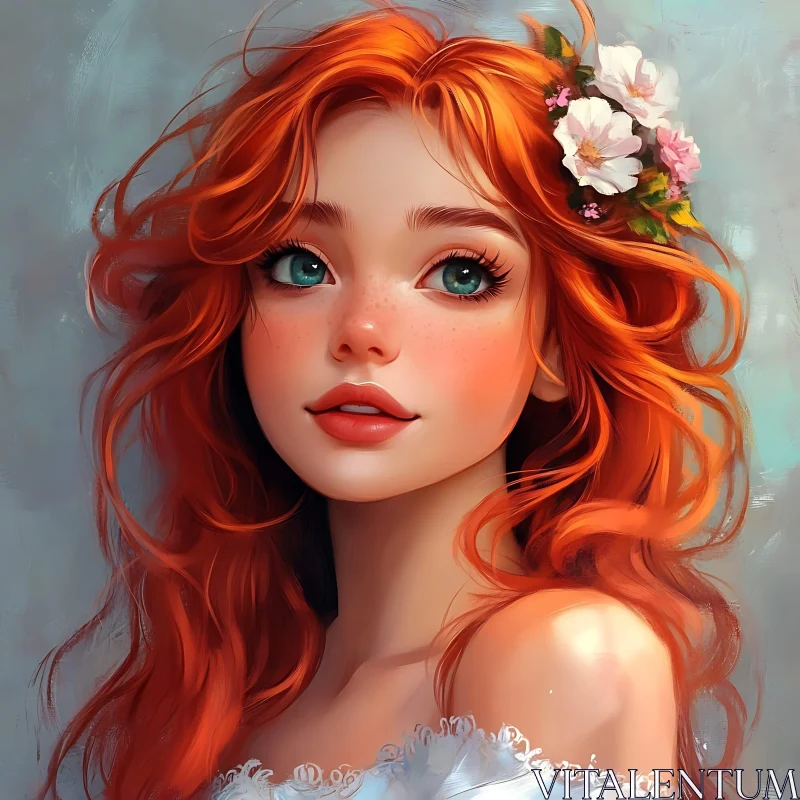 Red-Haired Woman with Flowers Portrait AI Image