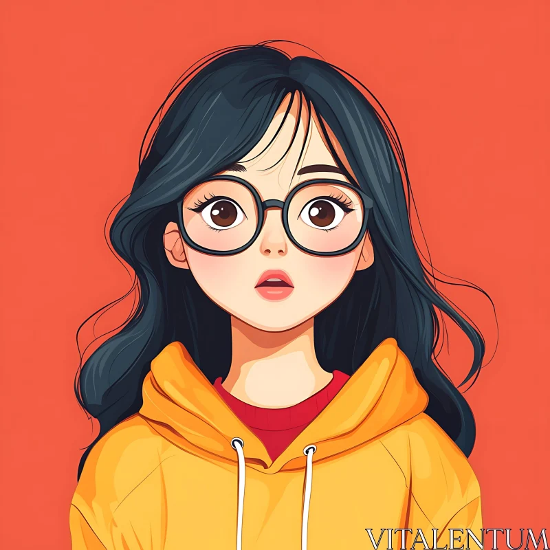 Surprised Anime Girl in Yellow Hoodie with Glasses AI Image