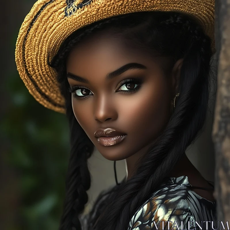 Stylish Portrait of a Woman with Straw Hat AI Image