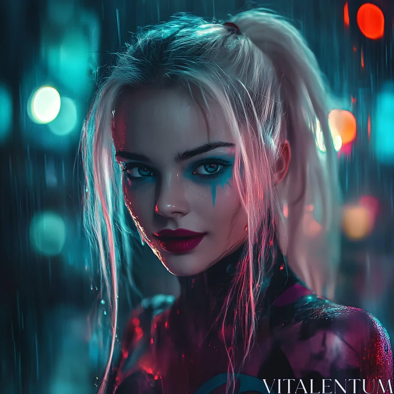 Neon Night Rain Portrait AI Image