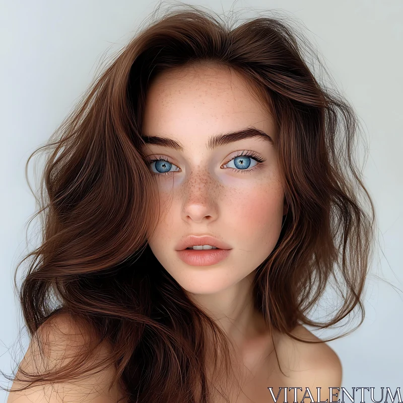 Close-Up of a Brunette Woman with Blue Eyes AI Image