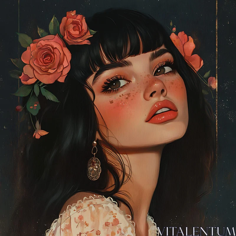 Artistic Portrait of a Woman with Black Hair and Roses AI Image