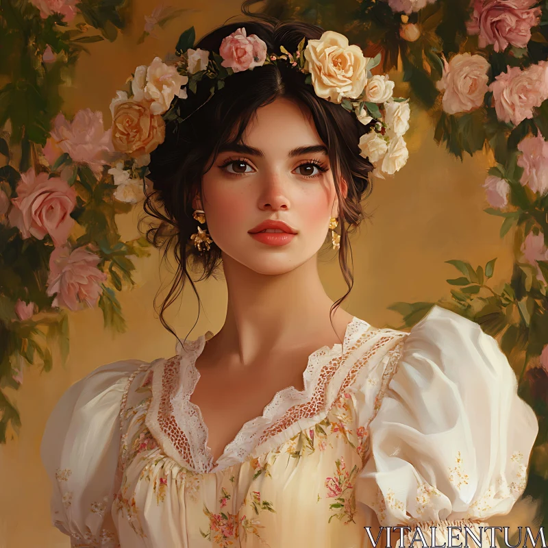 AI ART Ethereal Woman in Vintage Dress with Rose Garland