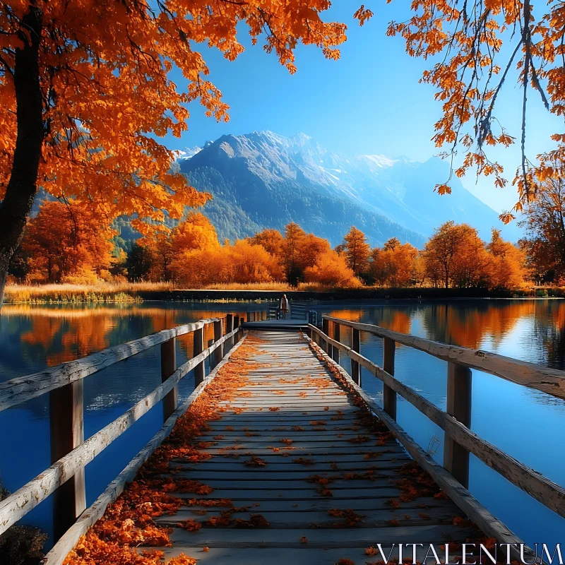 Tranquil Autumn Scene with Wooden Boardwalk and Lake AI Image