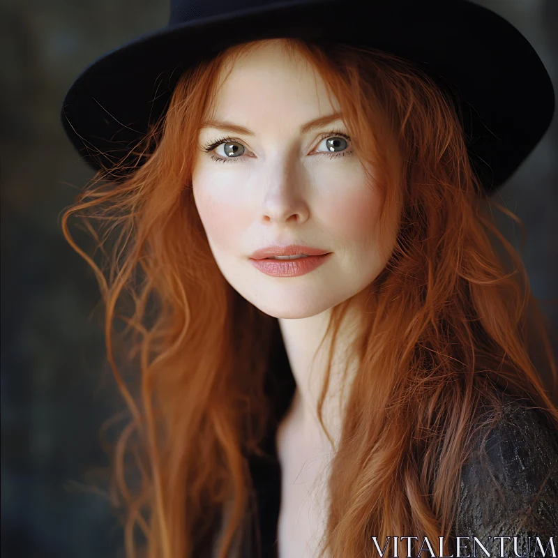 Serene Red-Haired Woman in Black Hat AI Image