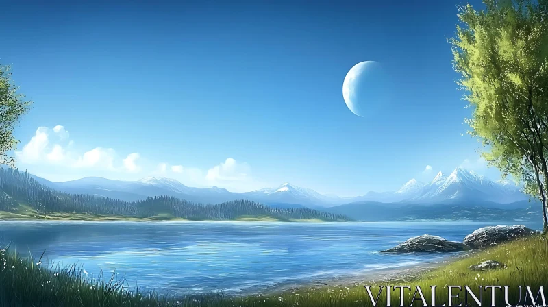 Peaceful Lake with Snowy Mountains and Moon AI Image