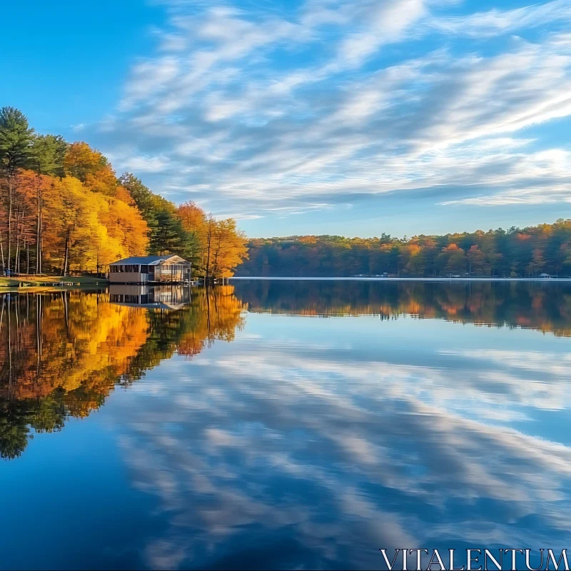 Autumn Lakeside House Reflection AI Image