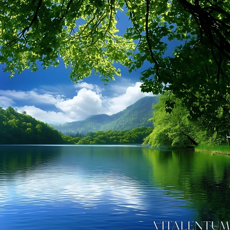 Peaceful Lake Encircled by Verdant Hills AI Image