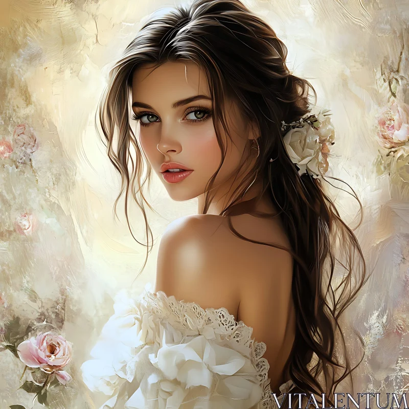 Beautiful Woman with Flower Adorned Hair AI Image