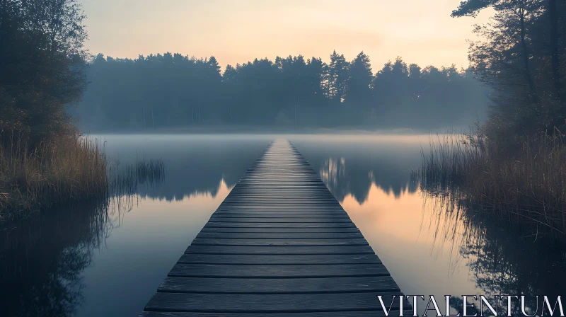 Tranquil Dawn over Misty Lake with Wooden Pier AI Image