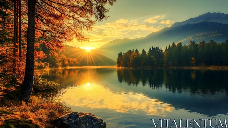 Golden Sunset Reflections over Serene Lake AI Image