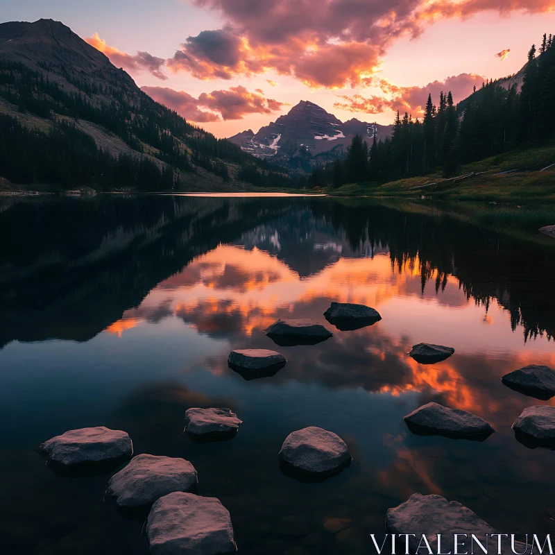 Tranquil Lake Reflection During Sunset in the Mountains AI Image