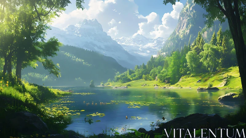 Serene Mountain Lake with Green Forest AI Image