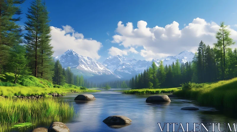 Serene Mountain River Scene AI Image