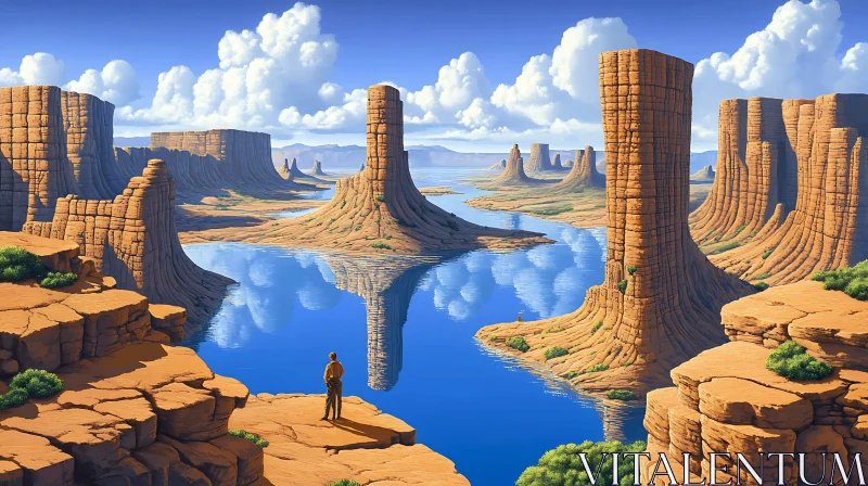 Scenic Desert with Towering Rocks and Calm Water Reflection AI Image