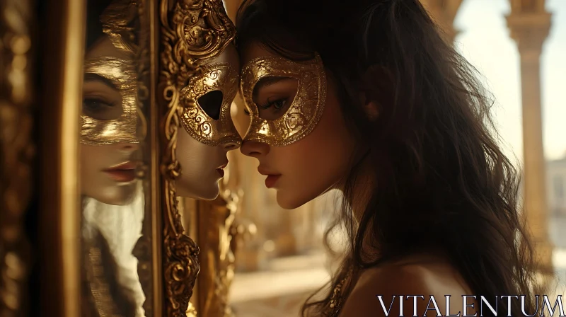 Mystical Golden Masked Woman Reflecting in Mirror AI Image