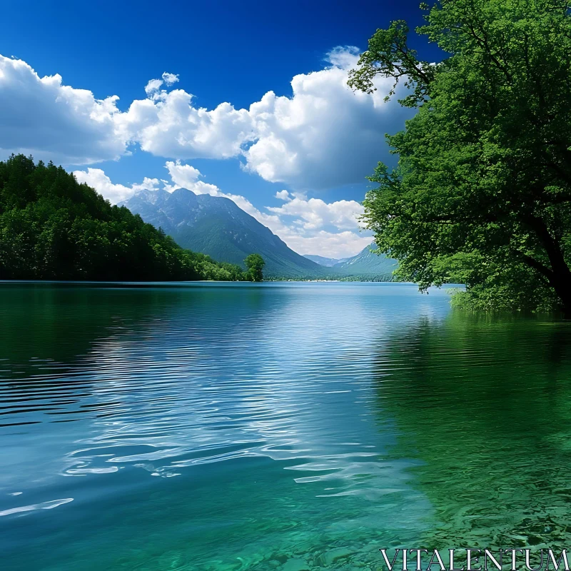 Peaceful Lake Scene with Mountains and Trees AI Image