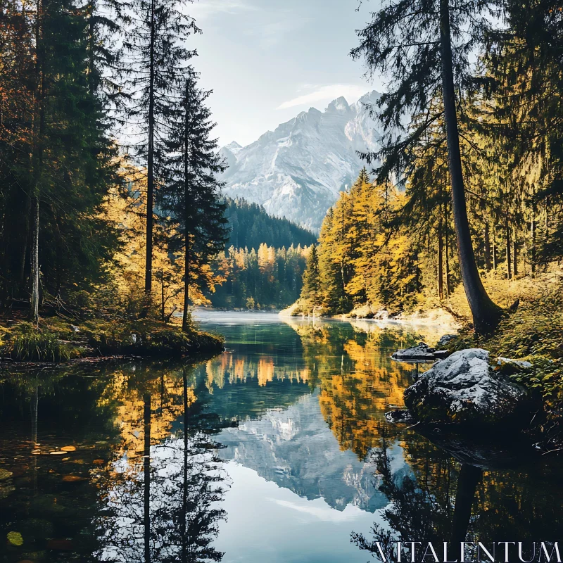 Peaceful Lake Amidst Snowy Mountains and Autumn Forest AI Image